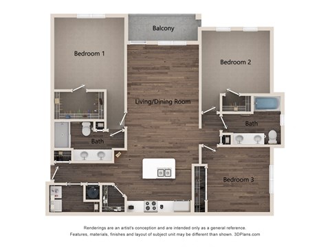 Floor plan for 3 beds, 2 baths, 1392 sqft